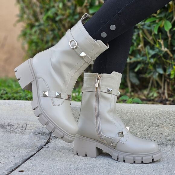 Women's Grey Pyramid Stud Ankle Combat Boot - Picture 1 of 5